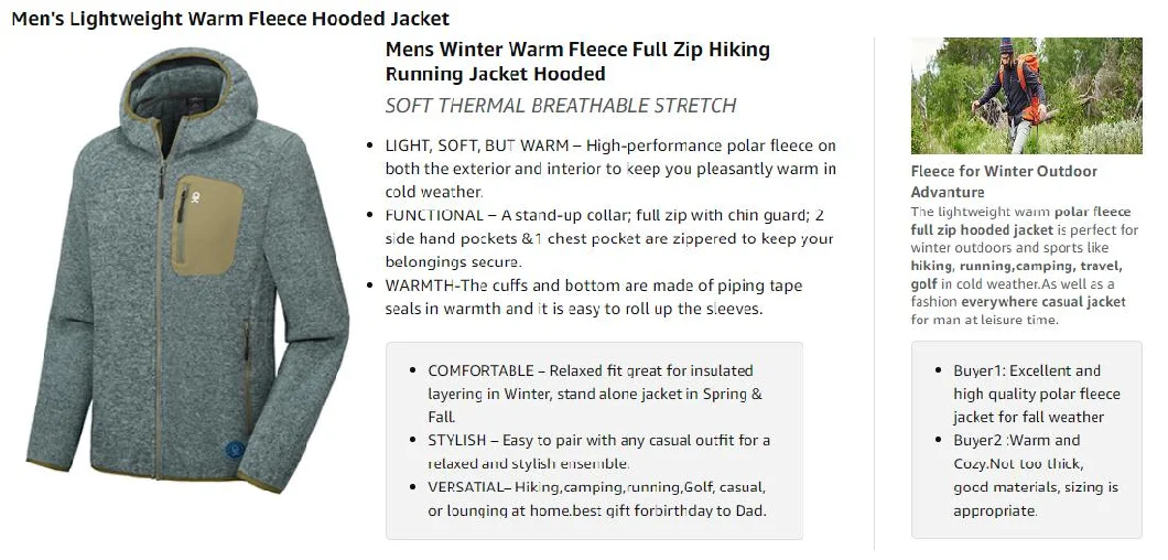 Men′ S Lightweight Sport Outdoor Fashion Winter Warm Polar Fleece Running Jacket Hooded Full Zip Hiking Jacket